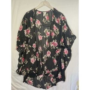 Emory Park Floral Kimono Cardigan Large Black Pink Rose Sheer Chiffon whimsigoth